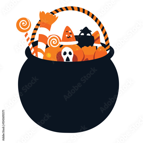 A colorful illustration of a cauldron overflowing with Halloween-themed candies and treats.