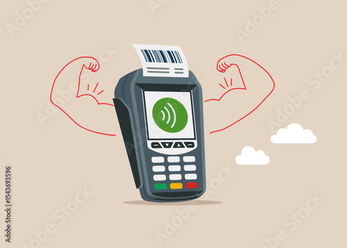 Payment terminal for credit card payment doing strong gesture. Money power. High esteem. Confirms the payment by debit credit card, money, security. Modern vector illustration in flat style