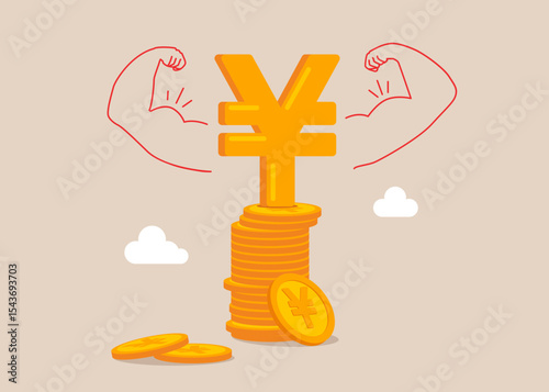 Japanese Yen doing strong gesture. Money power. High esteem.  Modern vector illustration in flat style