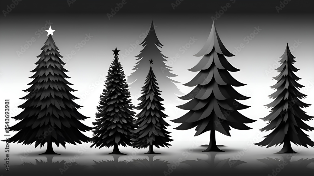 Obraz premium A set of vector silhouettes of several Christmas trees isolated on a white background.