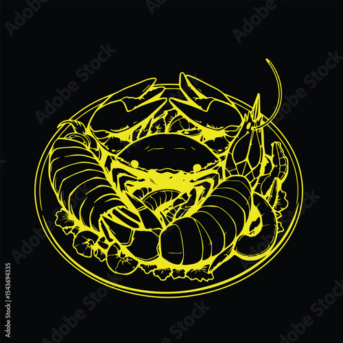 Seafood platter with crab lobster and shrimp concept vector design illustration.