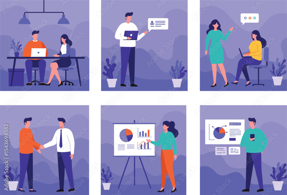 Office teamwork illustration, business meeting, data analysis, collaboration, presentation, handshake, planning strategy, professional discussion, workplace communication, productivity scene