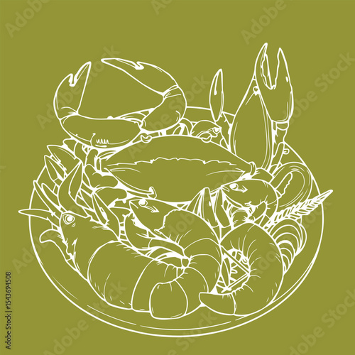 Seafood platter with crab lobster and shrimp concept vector design illustration.