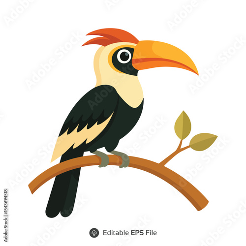 Rufous Hornbill Bird Perched on Branch Orange Yellow Black