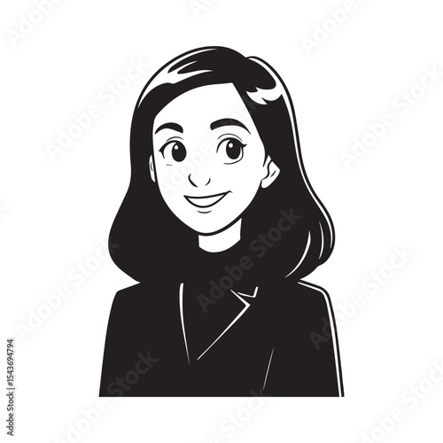 Friendly businesswoman caricature in black and white.