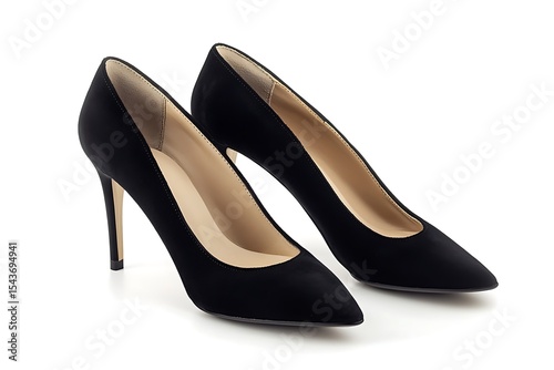 Elegant Pair of Black Suede High Heel Pumps on a White Background in Studio Lighting