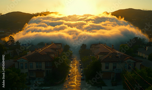 Fog Rolling Over Suburban Street at Sunrise with Golden Light