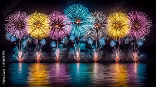 Vibrant multicolor fireworks reflecting on water at night festive display over lake or ocean with colorful explosions photo