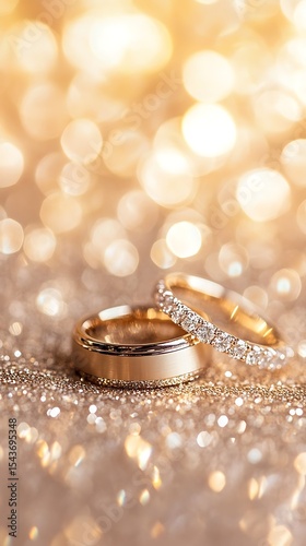 Elegant Gold Wedding Rings with Diamonds on Shimmering Gold Background for Lasting Love