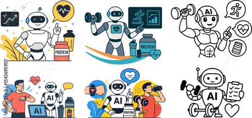 Flat design set of modern fitness tracking: man checking smartwatch, AI coach robot, protein shaker and bar, athlete drinking and lifting dumbbell, inspiring active lifestyle. Vector illustration