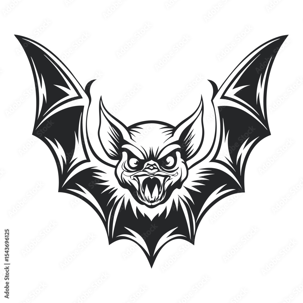 Fototapeta premium Intricate Bat Vector Graphic: Detailed Illustration of Flying Mammal with Aggressive Expression, Stylized Wings, Isolated on White Background for Halloween and Horror Themes