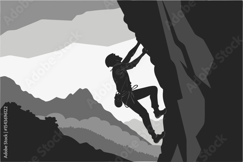 A powerful silhouette of a climber ascending a challenging mountain face, using a rope vector design 