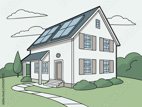 A single house with a sleek solar panel array on its roof, standing independently in a vast open field under a clear blue sky