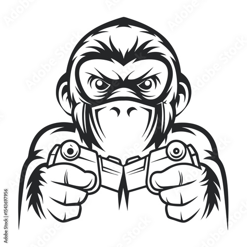 Angry Monkey Gamer: Detailed vector illustration of a determined ape intensely playing video games with a controller, rendered in black and white.    