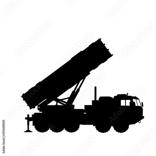 Military Truck Silhouette: A stark silhouette of a military truck, poised with its missile launcher elevated against a simple backdrop. It evokes power and precision