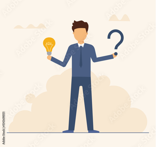 Question and аnswer, businessman holding question мark and lightbulb, problem solving, business solutions, Q&A session