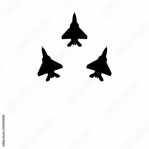 Three fighter jets in silhouette formation against a stark white background creating a minimalist composition