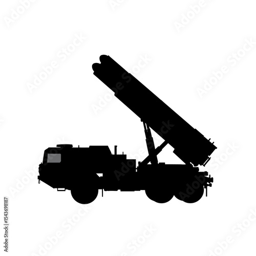 Silhouette of a military vehicle with missile launcher against a white background in a side view image