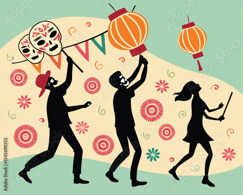 Celebration with lanterns and masks featuring silhouetted figures in a festive parade scene design