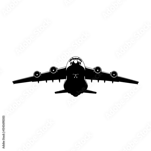 A front view of a large cargo plane silhouette against a white background with four engines visible