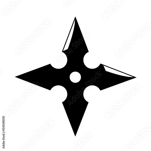 A black shuriken star with four points and a central circle on a clean white background illustration