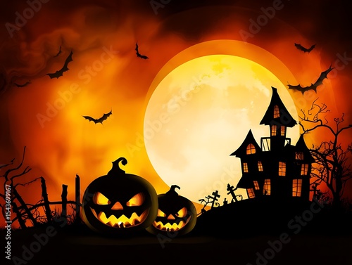 Halloween spooky scene with pumpkins and a haunted house