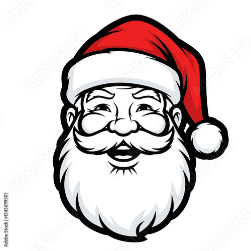 Black and white illustration of Santa Claus smiling, suitable for retro-style holiday art, coloring books, or line art designs.