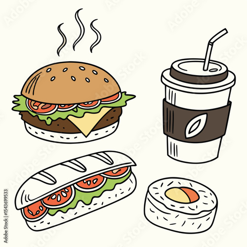 Illustration of a burger, sandwich, sushi, and coffee cup arranged on a light background surface