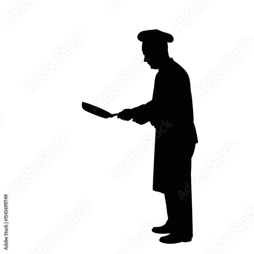 Silhouette of a chef holding a frying pan in a cooking pose against a plain white studio background view