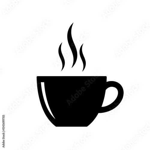 A simple black and white graphic illustration of a steaming cup of coffee or tea design element vector