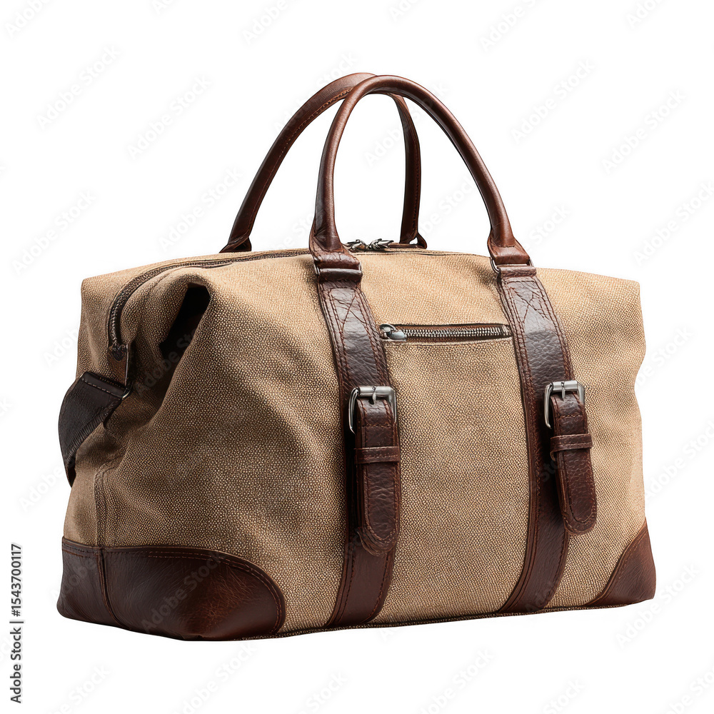 Naklejka premium Beige canvas and brown leather duffle bag isolated on transparent background
