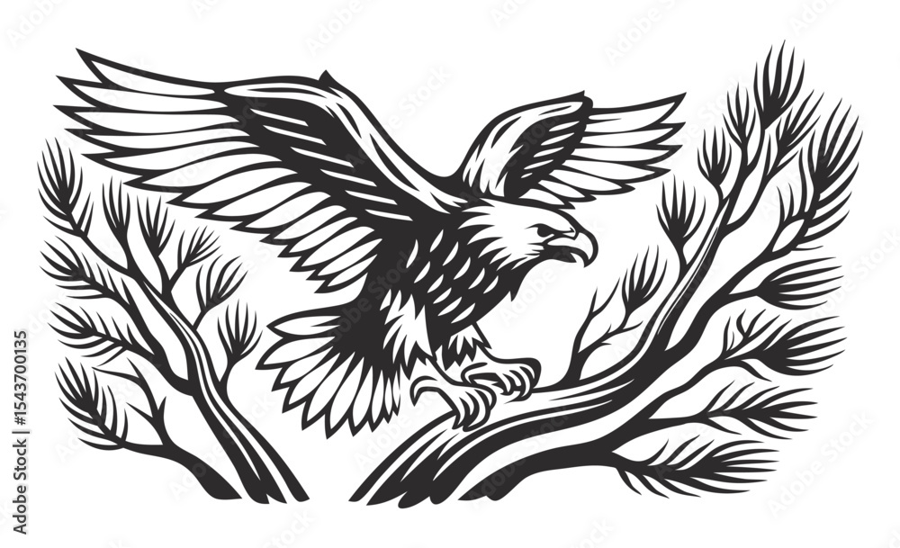 Fototapeta premium Powerful eagle spreading its wings while perched on a branch, ready to soar above the coniferous forest in this monochrome vector illustration