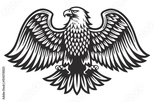 Powerful illustration of an eagle spreading its impressive wings, a symbol of strength and freedom, rendered in a striking black and white design