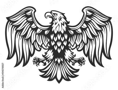 Powerful illustration of an eagle spreading its impressive wings, a symbol of strength and freedom, rendered in a striking black and white design