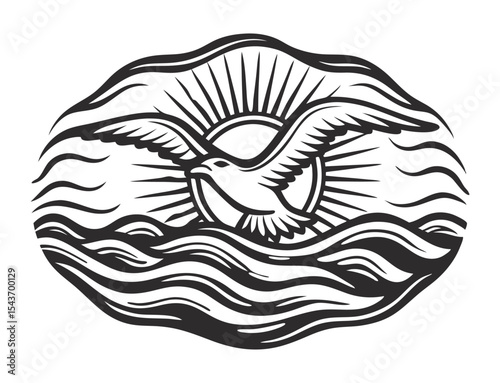 Monochrome vector illustration in vintage style depicting a seagull with spread wings soaring gracefully above stylized ocean waves, creating a dynamic and evocative scene of coastal wildlife