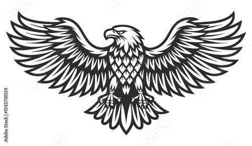 Majestic eagle spreading massive wings, embodying wild strength, freedom against sky background, ideal graphic element for wildlife themed branding and design projects