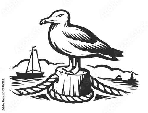 Weathered nautical emblem showing seagull perching on wooden pole, overlooking calm sea horizon with minimalist, vintage inspired graphic style