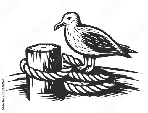 Weathered nautical emblem showing seagull perching on wooden pole, overlooking calm sea horizon with minimalist, vintage inspired graphic style