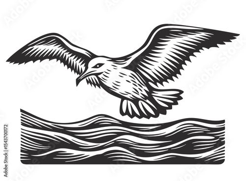 Monochrome vector illustration in vintage style depicting a seagull with spread wings soaring gracefully above stylized ocean waves, creating a dynamic and evocative scene of coastal wildlife