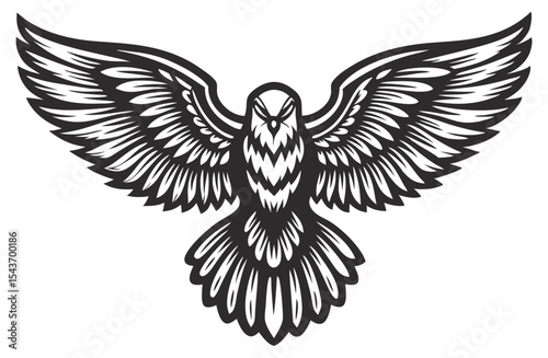 Majestic bird of prey gliding with outstretched wings, revealing detailed feather texture against dramatic monochrome background, ideal for graphic design projects