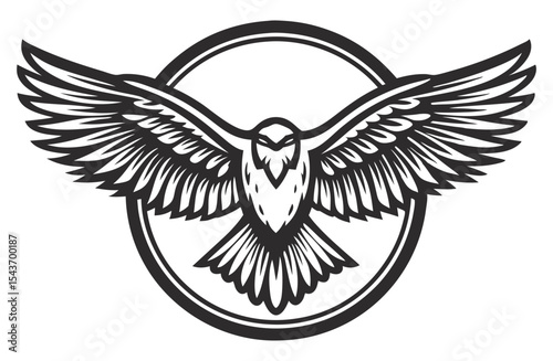 Vintage monochrome illustration of seagull soaring with outstretched wings, showcasing detailed feather patterns and capturing the essence of freedom and wildlife, ideal for nature inspired designs