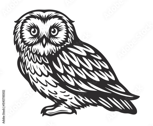 Monochrome owl with forward-facing stare, detailed feather structure, sharp talons visible, symmetrical layout, suitable for wildlife themed design, patch, label or branding application
