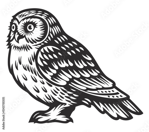 Monochrome owl with forward-facing stare, detailed feather structure, sharp talons visible, symmetrical layout, suitable for wildlife themed design, patch, label or branding application