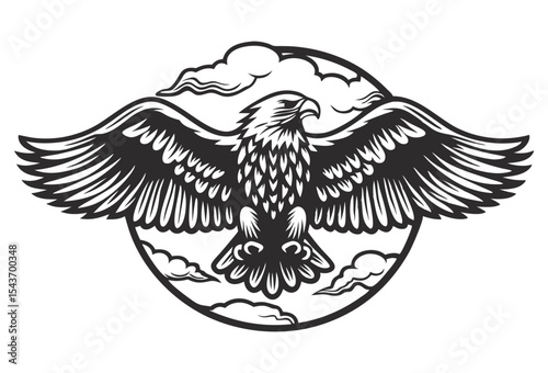 Majestic eagle spreading massive wings, embodying wild strength, freedom against sky background, ideal graphic element for wildlife themed branding and design projects