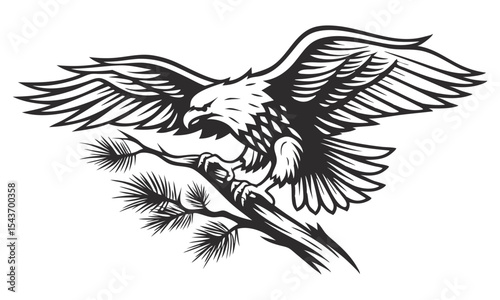 Powerful eagle spreading its wings while perched on a branch, ready to soar above the coniferous forest in this monochrome vector illustration