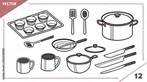 Illustration of various kitchen utensils including pots pans knives and baking tray with cups