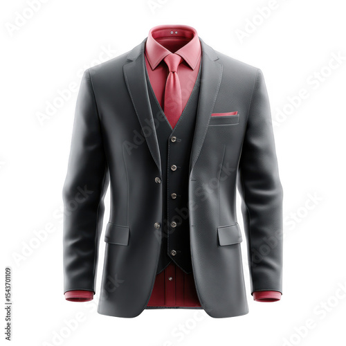 Dark gray mens suit with red shirt and vest isolated on transparent background photo