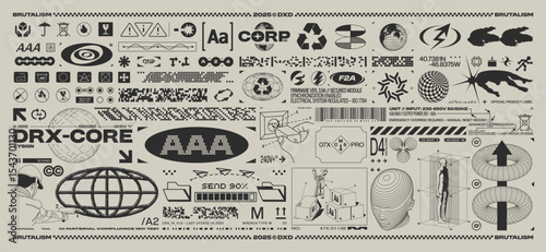 Brutalism tech graphic set. Glitch symbols, packaging signs, fake logos and futuristic elements. Y2K monochrome interface for sci-fi UI, poster or branding design. Vector set
