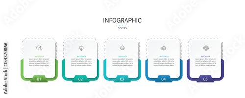 Design template for vector infographic labels with icons and 5 options or steps. Suitable for process diagrams, presentations, workflow layouts, banners, flow charts, and infographics.