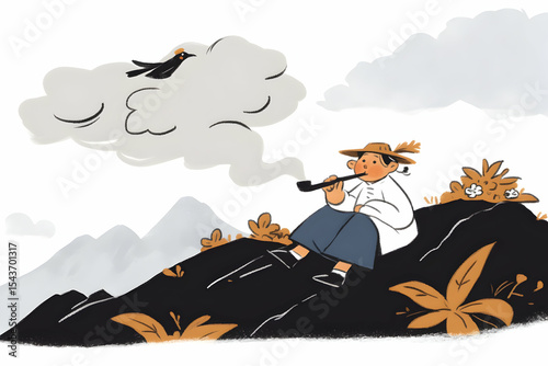 Person Smoking Pipe Relaxing on Hill Overlooking Mountains with Bird